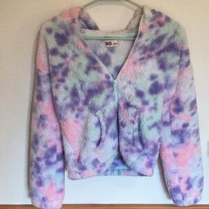 Pink, teal, and, purple fluffy coat